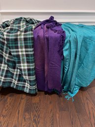 LOT OF 3 THROW BLANKETS / FABRICS, AMETHYST PURPLE, TURQUOISE AND MADRAS TARTAN, TWO IN SILK SHANTUNG