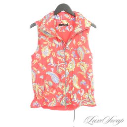 NEAR MINT AND SUPER FUN AND FRESH RALPH LAUREN BRIGHT HI-VIZ CORAL / GREEN MULTI SPRAWLING PAISLEY VEST S