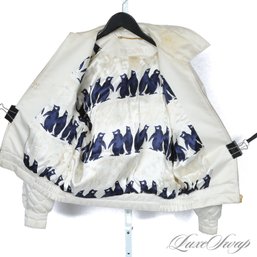 THIS IS REALLY GOOD! ESCADA OPTIC WHITE DIAMOND QUILTED SATIN BOMBER JACKET WITH WHIMSY PENGUIN LINING 34 EU