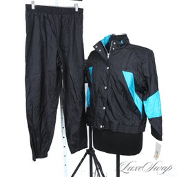 BRAND NEW WITH TAGS DEADSTOCK VINTAGE 1980S SUNTERRA PETITE BLACK AND CARIBBEAN BLUE WIND TRACKSUIT PM