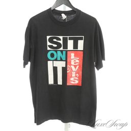 VINTAGE SIGNED 1990S LEVIS LEVI STRAUSS 'SIT ON IT' BLACK SINGLE STITCH USA MADE TEE SHIRT L