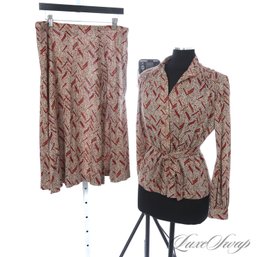 OK I REALLY LOVE THIS! VINTAGE ANONYMOUS 1960S BROWN/RED MULTI MOSAIC CHEVRON PRINT 2 PIECE ENSEMBLE 16