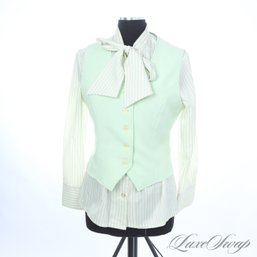 SPRING STUNNER! VINTAGE 1960S NAN SCOTT PALE LIME GREEN 3 PIECE ENSEMBLE: JACKET SKIRT AND PUSSY BOW SHIRT 16