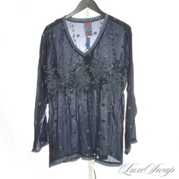 BRAND NEW WITH TAGS JOHNNY WAS NAVY BLUE EMBROIDERED BOHEMIAN FLORAL VOILE TUNIC TOP L