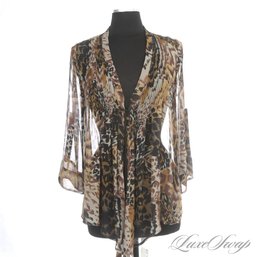 TRULY TRULY AMAZING ELIZABETH AND JAMES 100 PCT SILK LEOPARD PRINT CHIFFON AND REAL FEATHER WRAP SHIRT S