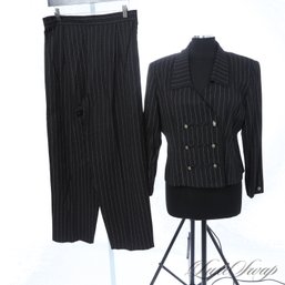 VINTAGE 1990S PETITE PERCEPTIONS BLACK GANGSTER PINSTRIPE 2 PIECE MILITARISTIC JACKET AND PANTS ENSEMBLE 16