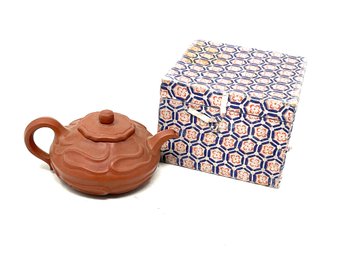 #8 HANDMADE ASIAN SIGNED CLAY TEAPOT WITH WAVY ACCENTS