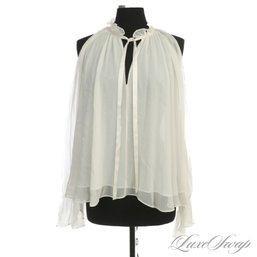 RECENT AND NEAR MINT RAMYBROOK 100 PERCENT SILK DOUBLE LAYER CHIFFON BOHO VOILE RUFFLED OPEN SHOULDER SHIRT M