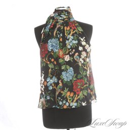 NEAR MINT AND GORGEOUS ALICE AND OLIVIA BLACK GROUND FANTASY FLORAL JUNGLE SHIRT WITH SCARF TIE IN SILK M