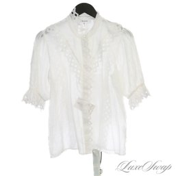 RECENT AND NEAR MINT FRAME LOS ANGELES WHITE VOILE LACE CUTOUT VICTORIAN BOHO BRACELET SLEEVE SHIRT L