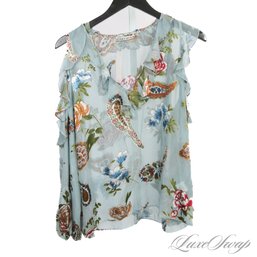 NEAR MINT ALICE AND OLIVIA SILK BLEND SKY BLUE ROMANTIC ALLOVER FLORAL RUFFLED SLEEVELESS LIGHT SHIRT L