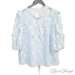 ROMANTIC AND FANCIFUL REBECCA TAYLOR POWDER BLUE CRINKLED VOILE SILK BLEND FLORAL EMBROIDERED BOHO SHIRT 12