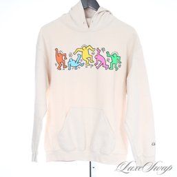 THE BEST : OFFICIALLY LICENSED KEITH HARING PALE SAND ICONIC DANCING FIGURES GRAFFITI ART HOODIE WOMENS M