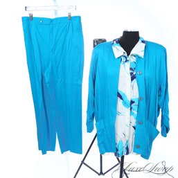 THIS COLOR IS EVERYTHING! VINTAGE 1980S PEACOCK CARIBBEAN BLUE DRAPED TWILL JACKET AND SPLATTER FLORAL SHIRT