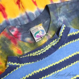 LOT OF 2 VINTAGE 1990S LIQUID BLUE AND OFF THE TOP TIE DYE AND BLUE / NEON STRIPE TEE SHIRTS MADE IN USA M/L