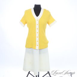 VINTAGE 1960S BOLD LEMON YELLOW CABLEKNIT AND WHITE PIPED DRESS AND CARDIGAN SWEATER ENSEMBLE