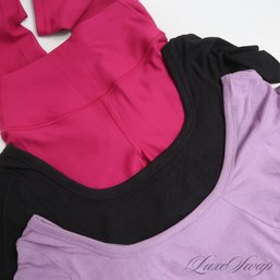 THIS WOULD BE HUNDREDS AT THE MALL! LOT X3 LULULEMON PIECES - LAVENDER CROPTOP, BLACK CROPTOP, MAGENTA PANTS 6