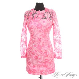 UNMISSABLE AND NEAR MINT ZAC POSEN HOT PINK FULLY EMBROIDERED FLORAL MESH MOUNTED LONG SLEEVE DRESS 6