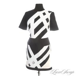 60S THROWBACK! MODERN AND AWESOME TIBI NEW YORK BLACK AND WHITE SHATTER GEOMETRIC CAP SLEEVE DRESS 6