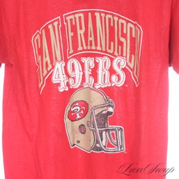 ORIGINAL VINTAGE 1980S SAN FRANCISCO 49ERS FOOTBALL RED TEE SHIRT ON CHAMPION TAG SINGLE STITCH USA MADE L