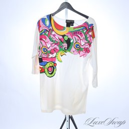 THE 90S BABY! VINTAGE SIGNED 1992 SPREE SPORT WHITE PSYCHEDELIC CRYSTAL EMBROIDERED LONG SHIRT M