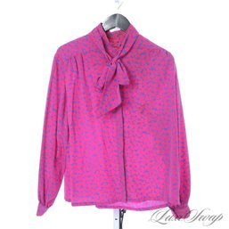 MEGA 80S! BRIGHT INTENSE PENDLETON COUNTRY SOPHISTICATES HOT PINK BLUE SHATTER PRINT PUSSY BOW SHIRT 18