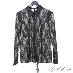 WHERES MY VIXENS? LIOLA BLACK LACE OVER SILVER SATIN TRIM BUTTON DOWN EVENING SHIRT XL