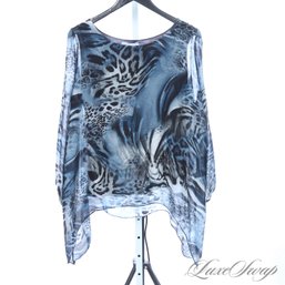 WALK THE WILD SIDE! MODERN AND FRESH TEMPO PARIS MADE IN ITALY PURE SILK CHIFFON BLUE TIGER PRINT SHIRT M