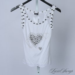 FANCY THAT : DOLCE & GABBANA WHITE GROMMET STUDDED FISHNET LACE QUADRUPLE HEART SLEEVELESS SHIRT XS