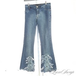 THESE ARE SOME HIGH FALUTIN JEANS! CELO MADE IN ARGENTINA WASHED DENIM BELL BOTTOM JEANS WITH RUFFLE DETAIL M