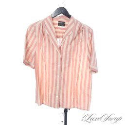 RETRO SUMMER! VINTAGE 1980S GEORGE MASKET RAMIE BLEND SAND AND MUTED BRICK BLOCK STRIPE CAMP SHIRT 14