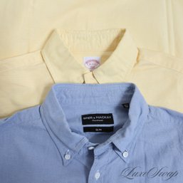 MODERN AND FRESH LOT OF 2 MENS BROOKS BROTHERS AND SPIER & MACKAY HAND MADE YELLOW/BLUE OXFORD SHIRTS 15 15.5