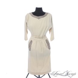 MAGNIFICENT : VINTAGE 1960S CHARLES WARNER SAND STRETCH JERSEY EMBROIDERED BEADED TRIM BRACELET SLEEVE DRESS