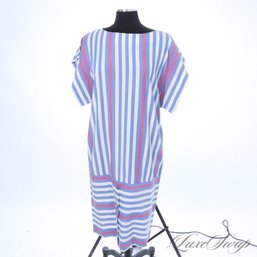 VINTAGE 1980S THE KOLLECTION WHITE BLUE AND RASPBERRY BLOCK STRIPE SACK DRESS WITH BUTTONED HEM 14