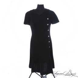 VINTAGE 1960S CAROL CRAIG BLACK DOBBY BOUCLE TWEED CRYSTAL BALL BUTTON CAPSLEEVE SACK DRESS 16