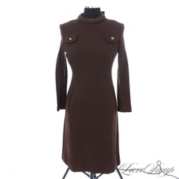 LOVE THIS TOO! ANONYMOUS VINTAGE 1970S CHOCOLATE BROWN WOOL JERSEY TWO BUTTON MOCKNECK LONG SLEEVE DRESS