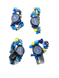 #14 THE BEST GIFTS! LOT OF 4 INCL 2 NWT BROOKS BY DESIGN BLUE PRINTED DIAL BEADED SCRUNCHY STRAP WATCHES