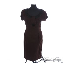 ANONYMOUS VINTAGE 1960S CHOCOLATE BROWN JERSEY FLANNEL BEAD EMBROIDERED NECKLINE CAP SLEEVE DRESS