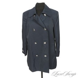 NEAR MINT AND MODERN CALVIN KLEIN NAVY BLUE SILVER BUTTON DOUBLE BREASTED STORM COAT WOMENS XL