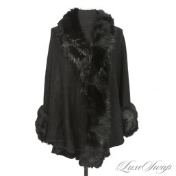 BRAND NEW WITH TAGS VIMODA PARIS IMPORTED FROM FRANCE BLACK FLANNEL FAUX FUR TRIM CAPE OSF