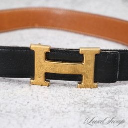 THE STAR OF THE SHOW! AUTHENTIC HERMES MADE IN FRANCE REVERSIBLE BROWN / BLACK LEATHER H MONOGRAM BELT