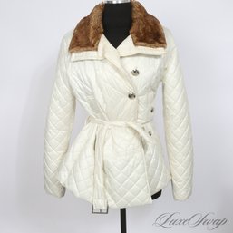 SUUUUPER CUTE GUESS WHITE DIAMOND QUILTED MICROFIBER FAUX FUR TRIM BELTED SHORT COAT L