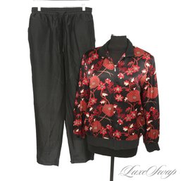 LOVE THIS PRINT! NOTATIONS 100 PERCENT PURE SILK BLACK RED AND WHITE CHINOSERIE FLORAL PRINT JACKET  PANTS L