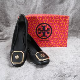 #6 MINT IN BOX 1X WORN TORY BURCH 'LAWRIE' BLACK TUMBLED LEATHER MONOGRAM BUCKLE SHOES 7