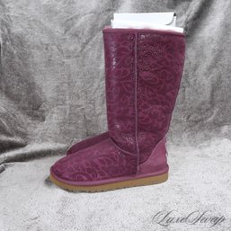 #8 BRAND NEW IN BOX UGG AUSTRALIA 'TALL FLORA 1987' PLUM SHEARLING BOOTS WITH SHIMMER DAMASK 7