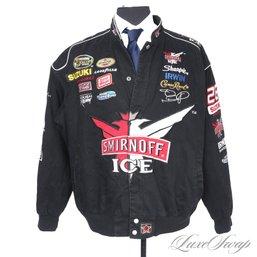 EXTREMELY COVETED MENS JH DESIGN BLACK TWILL ALLOVER NASCAR / RACING PATCH SMIRNOFF ICE EMBROIDERED JACKET XL