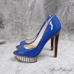 #11 MINT IN BOX 1X WORN BOUTIQUE 9 'NOSEY' COBALT BLUE PATENT LEATHER CRYSTAL PLATFORM PEEPTOE SHOES 8
