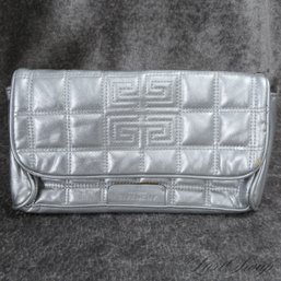 GIVENCHY PARFUMS SILVER LEATHERETTE CUBE QUILTED MONOGRAM TRAVEL TOILETRY / MAKEUP BAG