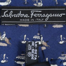 SALVATORE FERRAGAMO MADE IN ITALY NAVY BLUE HORSE JUMPING MOTIF SILK MENS TIE