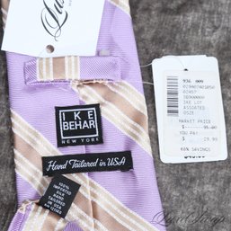 MODERN AND FRESH MENS IKE BEHAR HAND TAILORED IN USA LAVENDER WOVEN ECRU STRIPE SILK TIE